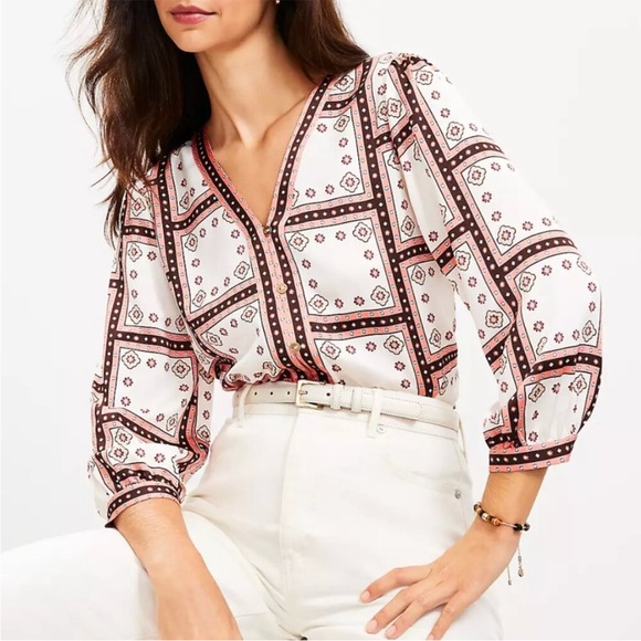 Loft windowpane V-neck button blouse - Picture 15 of 16